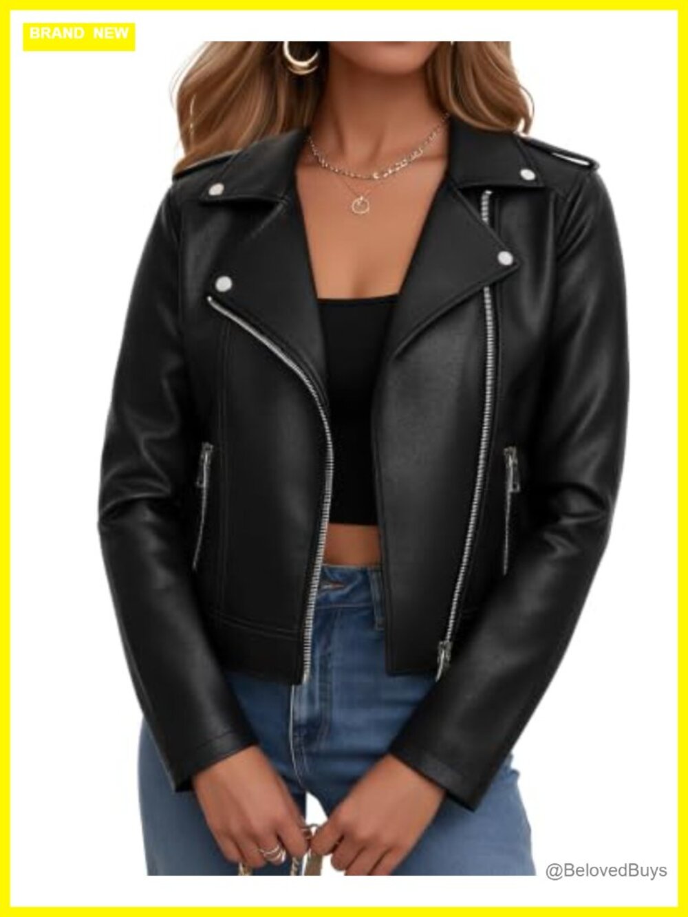 Women Faux Leather Cropped Moto Jacket Zip Up Casual Biker Coat